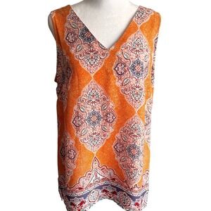 Rachel Zoe Orange Paisley Medallion V-Neck Sleeveless Blouse Top Large Pristine